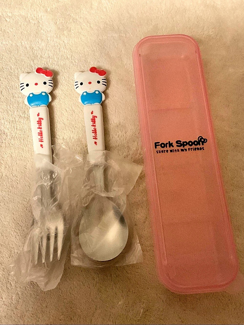 Sanrio Hello Kitty Fork & Spoon Set in White & Pink NWT